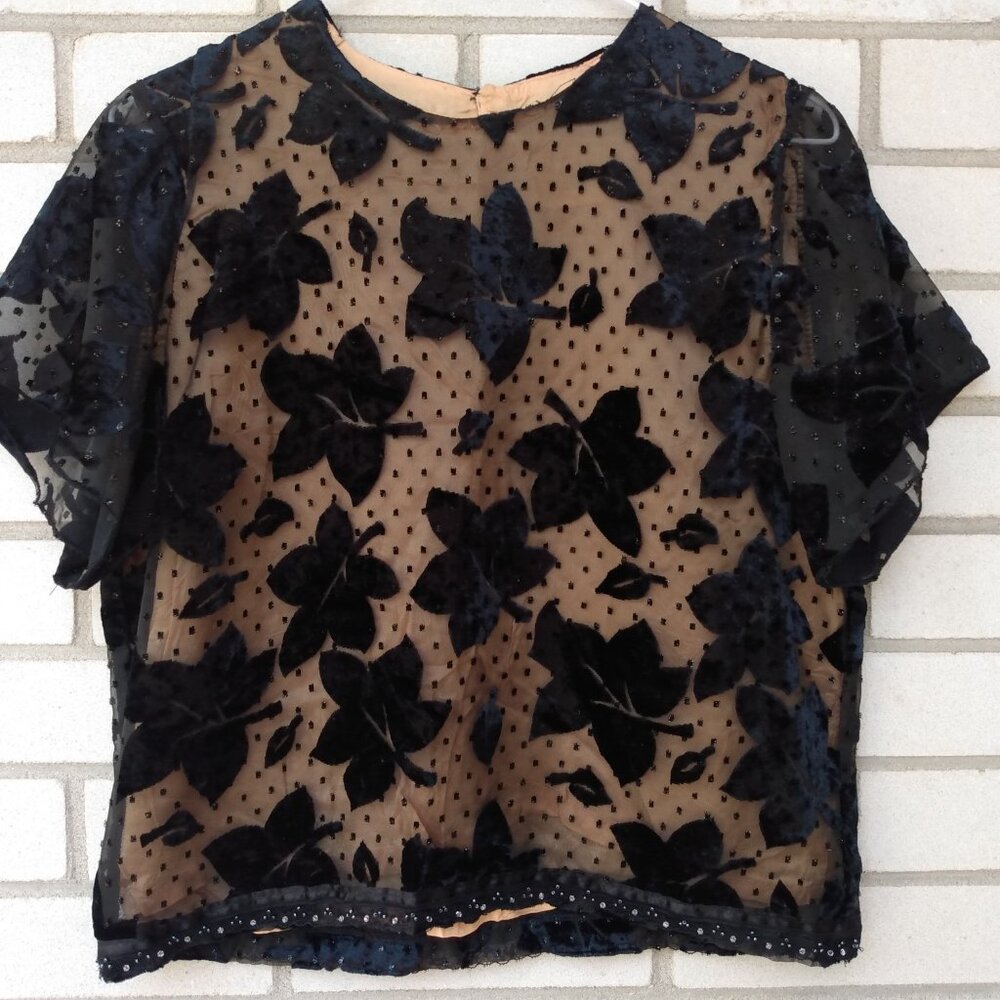 Vintage Burn Out Velvet Black Top Blouse Femme de Carriere Size Small 36 Made in - Picture 2 of 11